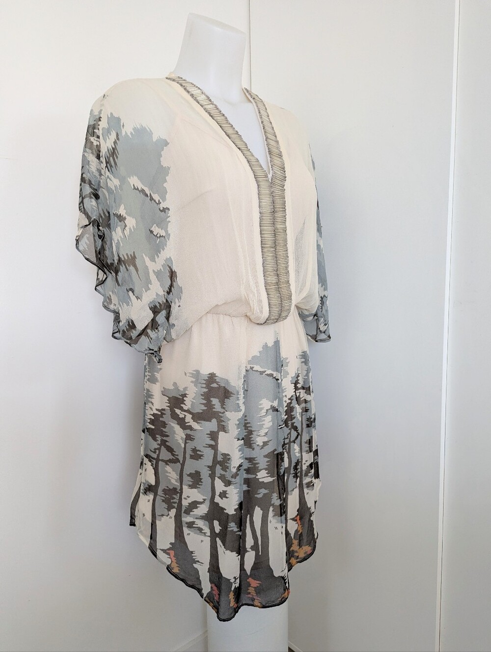 AKIKO Silk Dress With Embellished Neckline And Blouson Waist, Meadow Print; Size